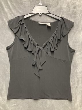 Y2K Worthington Babydoll Sleeveless Stretch Top Black Ruffle Neck Whimsigoth L